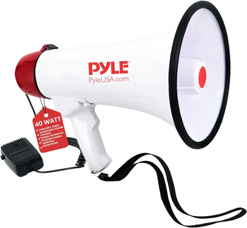 Pyle 40 Watt Professional Megaphone Clear Sound & Ergonomic Grip - Multi-Function with Talk, Siren, Volume Control - Detachable Handheld Mic - Ind...
