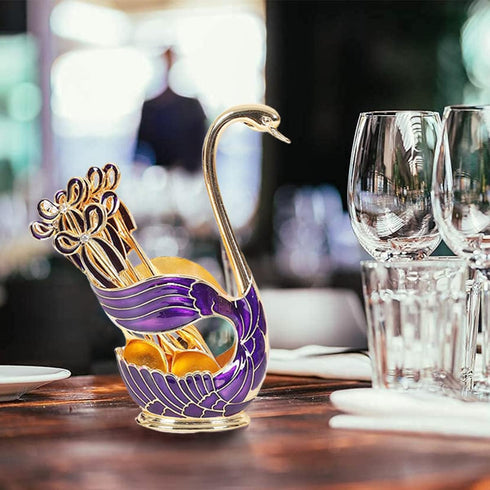 Coffee Spoon Holder, Coffee Dessert Spoon Set Metal Swan Base Holder Spoon Organizer with 6pcs Ice Cream Spoons Coffee Dessert Flatware (Purple)...