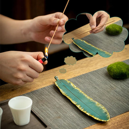 Incense Stick Holder Burner Ceramic Green Feather, Incense Burner Ash Catcher 9 Inch Handmade Incense Tray Meditation, Yoga, Home/Office Decor, Sp...