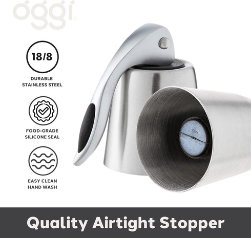 OGGI Bottle Stopper - Ideal for Champagne & Sparkling Wine, Stainless Steel Wine Topper Set - Stylish Wine Saver Stoppers with Airtight Wine Seale...
