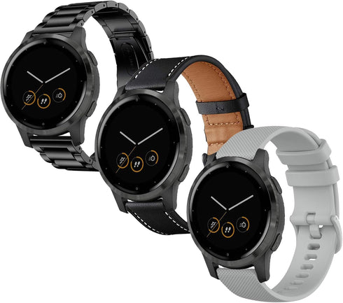 Compatible for Garmin Vivoactive 4S Watch Band, 18mm Stainless Steel Band Black+Leather Band+Silicone Band Grey for Garmin Vivomove 3S 39mm, Fossi...