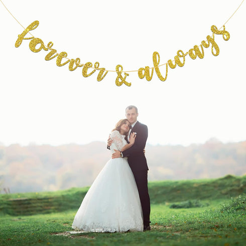 Forever & Always Banner for Bridal Shower,Engaged,Wedding Anniversary Party Decorations(Gold Glitter)...