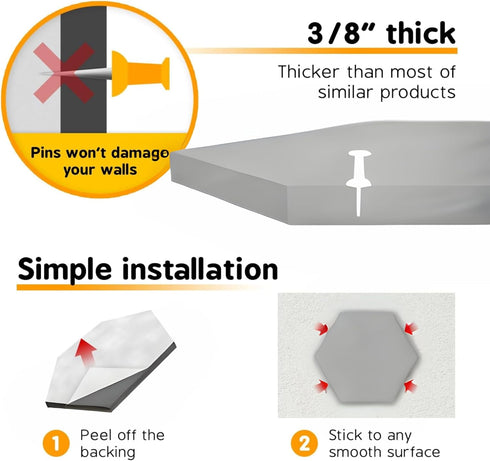 15 Pack 7" x 8" x 3/8" New Version Durable Rubber Hexagon Bulletin Board Tiles Versatile Peel Stick Self Adhesive Foam Pin Board, Acoustic Dampeni...