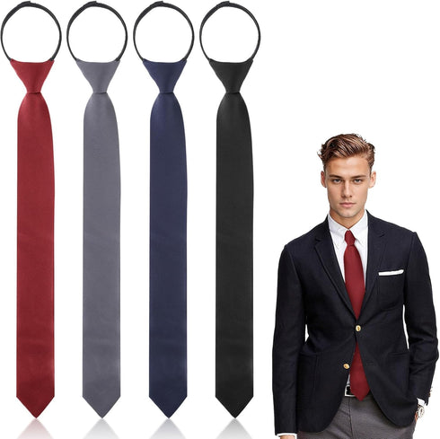 4 pc 3-in-1 Pre-tied Shirt Ties for Men - Black Solid Uniform with Zipper - Formal Adjustable Neck Strap Necktie...