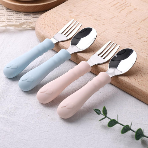 Toddler Utensils, 4PCS Fork and Spoon Kids Silverware with Silicone Handle Stainless Steel Utensils for Babies...