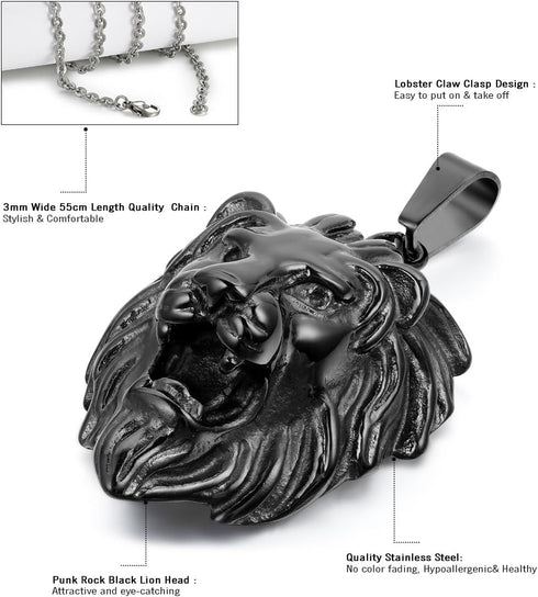Cupimatch Lion Head Pendant Necklace, Mens Stainless Steel Gothic 22 Inch Biker Link Chain Gold Black...