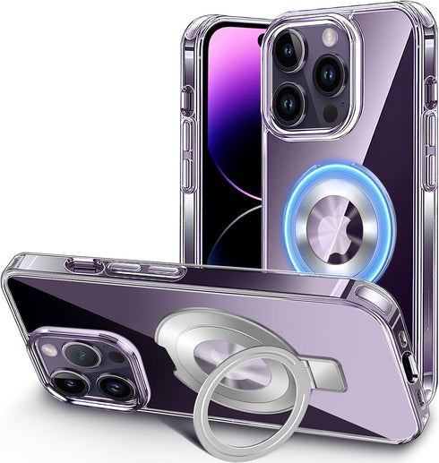 Crystal Clear iPhone 14ProMax Case Magnetic Ring Holder Compatible with MagSafe Invisible Kickstand Shockproof Military Grade Drop Protection Tran...