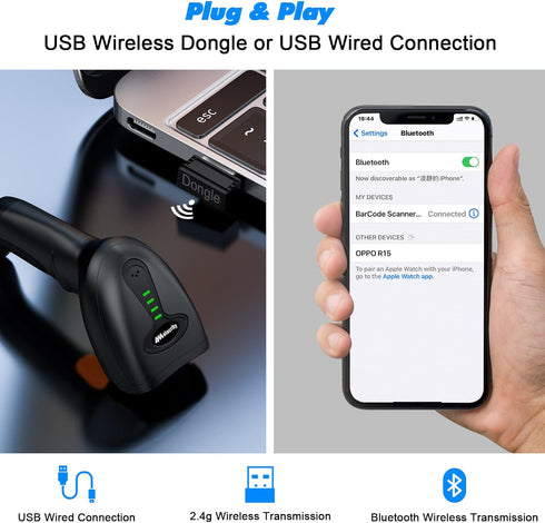 Bluetooth Wireless Barcode Scanner with Stand,Alacrity 3-in-1(Bluetooth & 2.4GHz Wireless & USB Wired) Bar Code Reader,1800mA*H Rechargeable Batte...