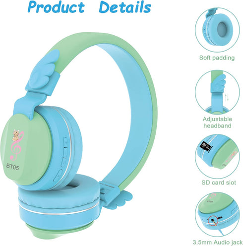 Riwbox BT05 Bluetooth Kids Headphones Wireless Foldable Headset Over Ear with Volume Limited and Mic/TF Card Compatible for iPad/iPhone/Tablet (Gr...