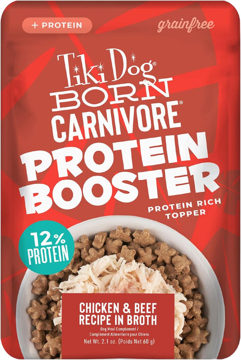 Tiki Dog Born Carnivore Protein Booster Dog Food Topper, Chicken and Beef Recipe in Broth, 2.1 oz. Pouch (12 Count)...