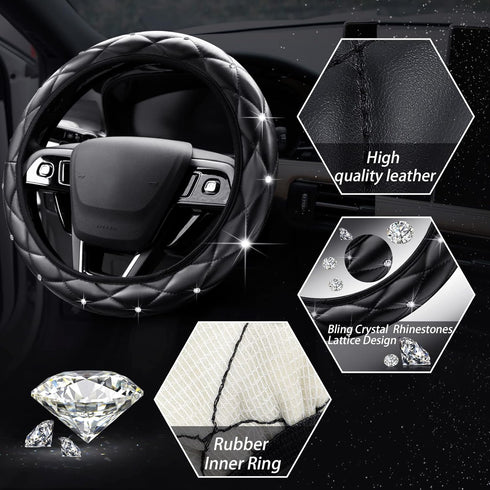 9 Pcs Bling Car Accessories Set for Women, Diamond Steering Wheel Cover, Rhinestone Center Console Pad Seat Safety Belt Pad Handbrake Cover Gear S...