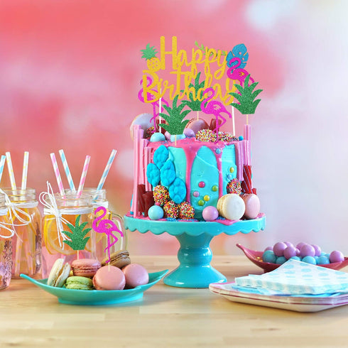 Maitys 25 Pcs Tropical Cupcake Decoration Hawaiian Luau Aloha Cake Toppers Glitter Leaf Pineapple Flower Palm Tree Flamingo Cupcake Picks for Hawa...