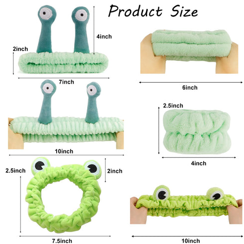6Pcs Skincare Headbands Snail Spa Headband and Wristband Set Alien Headband Green Frog Face Wash Wristbands Cute Makeup Headband Hair Band for Was...