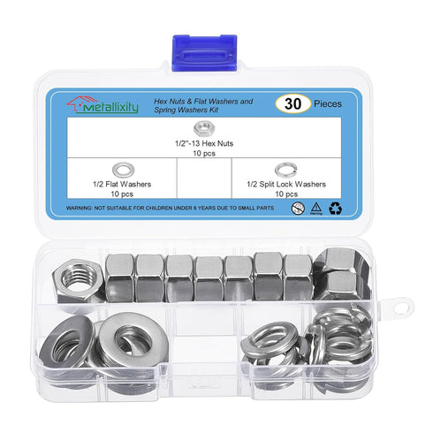 Hex Nuts Assortment Kit (1/2"-13 Hex Nuts with 1/2 Flat Washers & Split Lock Washers) 30Pcs, 304 Stainless Steel Hexagon Nut Hardware Kit...