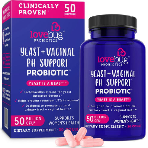 Lovebug Yeast + Vaginal pH Support | Clinically Studied Ingredients for Yeast & UTIs | Multi Strain 50 Billion CFU | 30 Capsules...