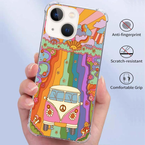 Retro 70s Flowers Rainbow Sunrays Phone Case Compatible with iPhone 14, Hippie Peace Sign Bus Cover for Teens Men Women, Trendy Cool TPU Bumper Ca...