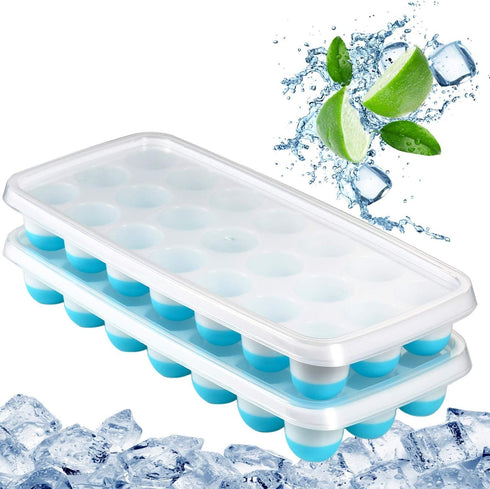 Ice Cube Trays Easy Release-Odor free,Spill Resistant Lid Included,2 Pack, Small Size, Stackable 42 Cubes,Silicone(Blue)...