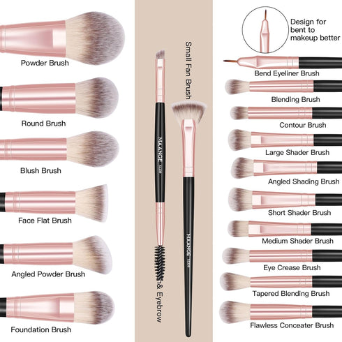 18 Pcs Makeup Brushes with Case, MAANGE Premium and Professional Makeup Brush Set For Foundation Blending Powder Concealers Eyeshadows Blush, Pink...