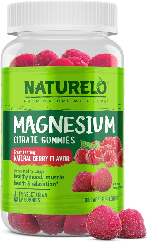 NATURELO Magnesium Citrate Gummies - for Calm & Relaxation Support, Natural Berry Magnesium Gummies, 60 Vegetarian Gummies...