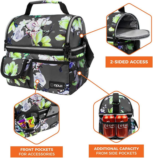 opux Lunch Bag Women Insulated, Adult Lunch Box Cooler, Flower Lunch Box, Dual Compartment Lunchbox for Work, Leakproof Double Decker Lunch Bag, S...