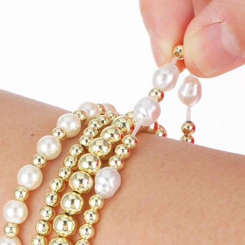 4 Pcs Pearl Gold Bracelet Stack Gold Plated Dainty Gold Pearl Bracelet Stackable Stretch Bead Ball Bracelet Set Bohemian Gold Beaded Bracelets Jew...
