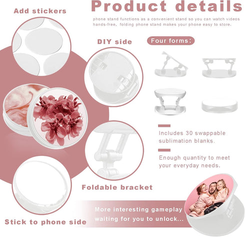 ULENDIS 30 Pieces Blank Sublimation Phone Holders Set, Collapsible Brackets with 30 Sublimation Aluminum Sheets, DIY Expanding Finger Stand for Sm...