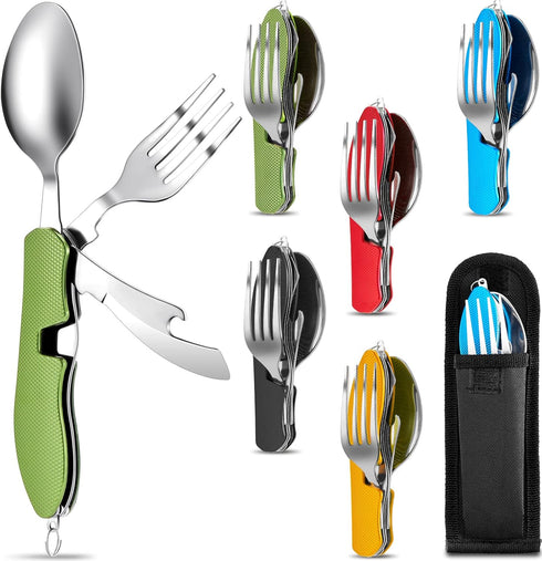 Folding Camping Utensils Cutlery Set 4-in-1 Stainless Steel Spoon Fork Knife Bottle Opener Set Detachable Tableware Pocket Kits Backpacking Cutler...