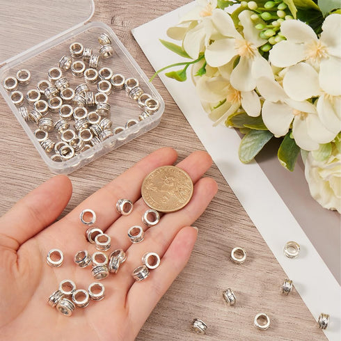 1 Box 100Pcs 8mm Alloy Spacer Beads Silver Large Hole Loose Bead Bulk Tibetan Style Antique Metal Round Column European Rondelle Beads for Jewelry...