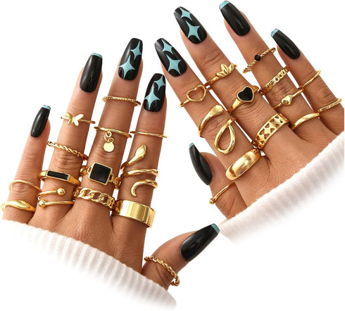 FAXHION 27 Pcs Gold Knuckle Rings Set for Women, Vintage Stackable Boho Snake Finger Rings, Midi Hollow Rings Pack...