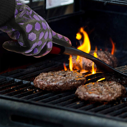 J H Heat Resistant Oven Glove:EN407 Certified 932 °F, 2 Layers Silicone Coating, Oven Mitts for Cooking, Kitchen, Fireplace,Camping, Grilling (Bla...