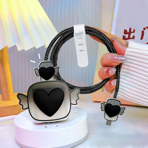 Cute Cable Protector for iPhone Charger with Angel Wings Design, Love Heart Pattern Data Line USB Cover Cord Saver Lightning Cable Case for iPhone...
