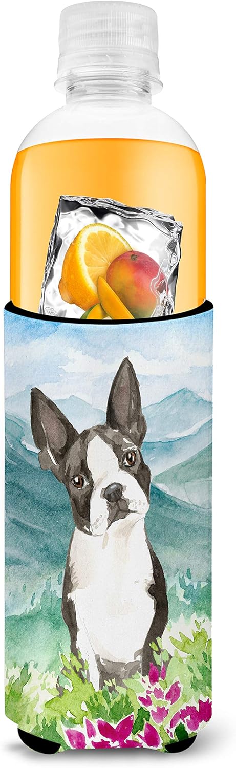 Caroline's Treasures CK2544MUK Mountain Flowers Boston Terrier Ultra Hugger for Slim cans Can Cooler Sleeve Hugger Machine Washable Drink Sleeve H...