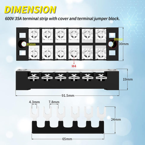 Joinfworld 35A Terminal Block 6 Position Screw Terminal Strip Dual Row with Cover & 6 Position Pre-Insulated Terminal Jumper Block -2pcs...