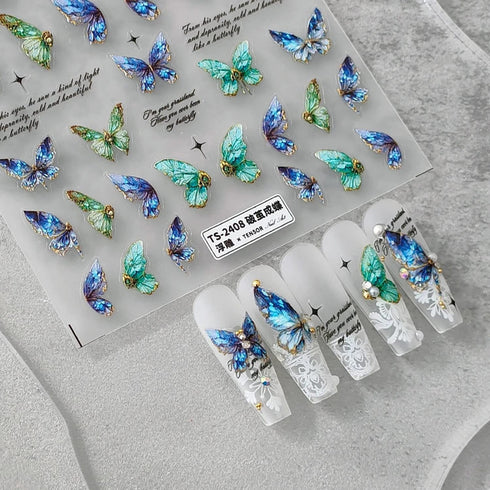 Butterfly Nail Art Stickers Decals 5D Embossed Engraved Nail Stickers Green Blue Butterfly Nail Art Desgin Decals for Acrylic Nails Decoration Sel...