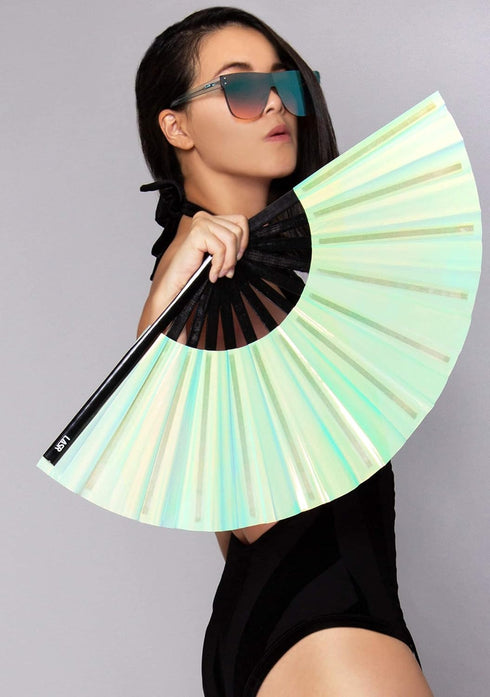 Frost Bite White Mint Fluid Iridescent Fan Festival Hand Fan, Rave Gear, Exclusive...