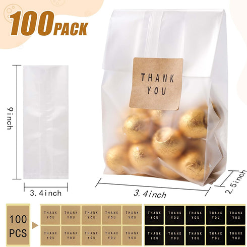 Cellophane Treat Bags Cookie bags for Packaging Clear Gift Bag with Stickers for Cookies,Candy,Chocolates(Fog,9x3.3inch)...
