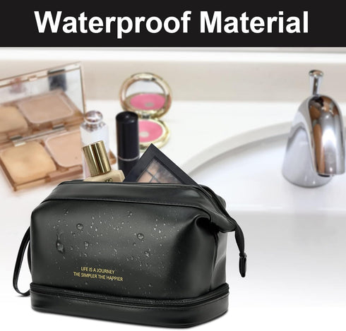 Travel Makeup Bag,Double Layer Cosmetic Bag,Large Zipper Pouch Makeup Organizer Bag,Waterproof Leather Makeup Bag,Portable Leather Toiletry Bag fo...