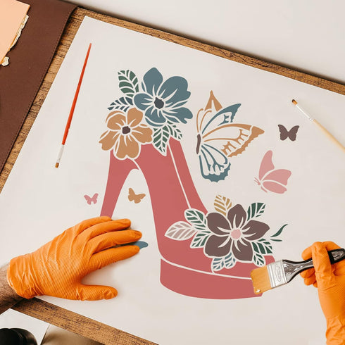 FINGERINSPIRE Flower High Heel Shoe Template Stencil, 11.8x11.8inch Butterfly Reusable Stencils for Painting Wall, Art DIY at Home for Decor Fabri...