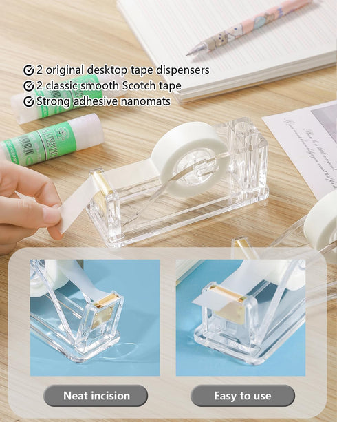 2-Piece Acrylic Tape Dispenser Desk - Durable, Stylish, and Versatile for Home, Office, or School - Fits Standard Tape Rolls - Desktop Convenience...