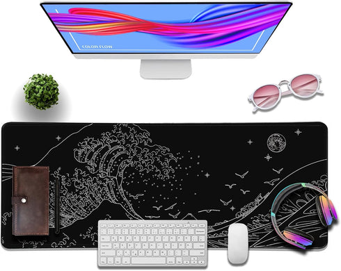 Black Gaming Laptop Mouse Pad,Sea Wave Big Mice Pads PC Keyboard Waterproof and Non-Slip 31.5 x 11.8inches 3mm Thick XL,XXL Rubber Table Mat, Kana...