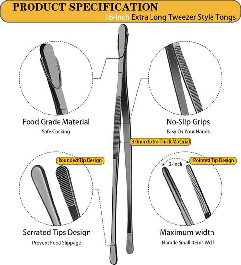 JETKONG 2 Pcs 16-Inch Heavy Duty Plating Tongs, Extra-Long Kitchen Fine Tongs Large Stainless Steel Cooking Forceps (Black)...