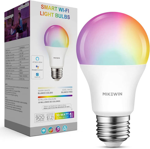 MikeWin Smart Wi-Fi Light Bulbs, Compatible with Alexa&Google Home Assistant (No Hub Required, 2.4GHz Only), A19 LED Bulb Dimmable RGBCW Color Cha...