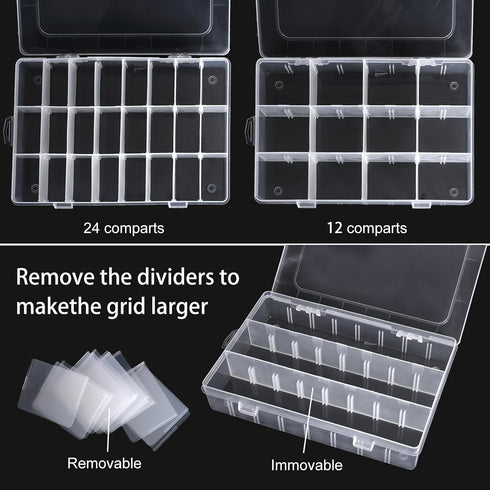 2 Pack 24 Grids Clear Plastic Organizer Box, Storage Container with Adjustable Divider, Craft and Bead Storage Organizer Box for DIY Crafts Jewelr...