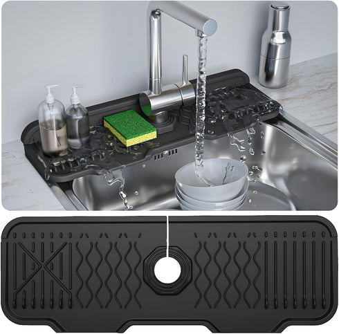 Kitchen Sink Splash Guard, Silicone Draining Mat Kitchen Faucet, 90° Foldable Design to Accommodate a Variety of Sink Countertops Black (17* 5.9)...