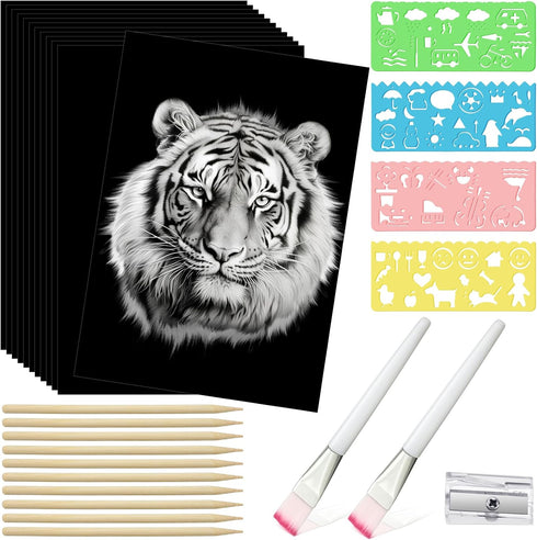 Noveread 67 Pcs Scratch Paper Art Set Scratchboard Craft Kits Black Coated Scratch Paper Wood Art Stylus and Stencils for DIY Birthday Party Gift ...
