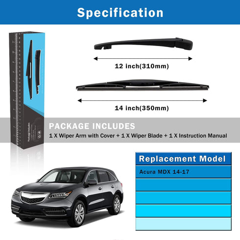 WTI Rear Wiper Arm Blade Set Compatible With Acura MDX 2014-2017 SUV Rear Windshield Window Wiper Kits Assembly New Replacement Accessories Parts ...