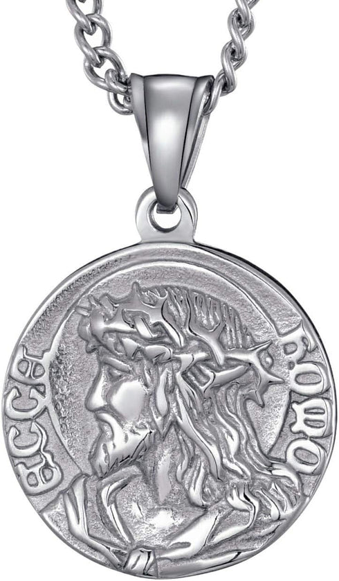 MOO&LEE Mens Stainless Steel Crown of Thorns Head of Jesus Christ Pendant Necklace Round Medal Prayer Coin Pendant with Link Chain...