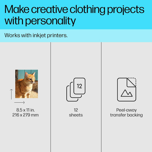 HP Iron-On Transfers 8.5x11in, 12sheets. Print heat-transfer photos and graphics. Vibrant colors & details on shirts, clothes, pillows. For Inkjet...