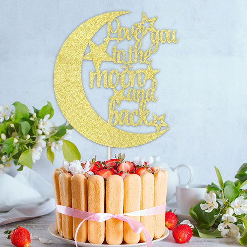 Love You To The Moon and Back Cake Topper - Gold Glitter Cake Decoration for Wedding Party...