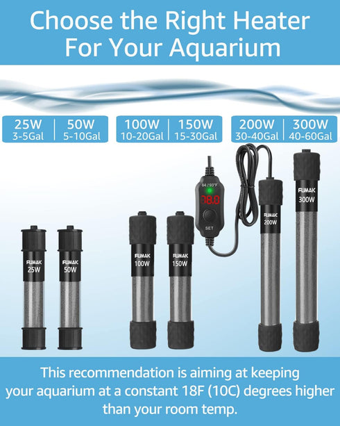 Fumak 25W Adjustable Aquarium Heater Super Short Submersible Fish Tank Heater Fish Heater with LED Digital Display Thermostat, for Tanks 3-5 Gallo...